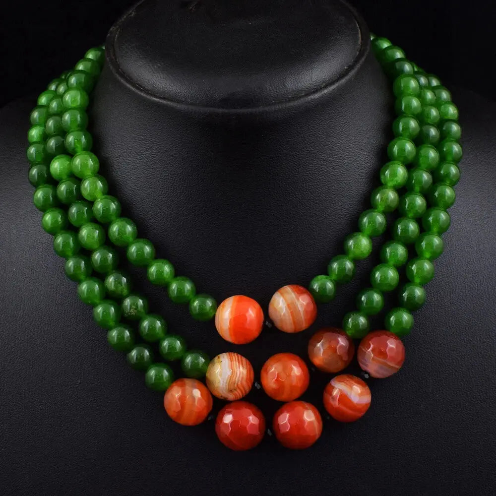 AAA+ Quality 784 Cts Natural 3 Strand Jade & Onyx Round Shape Beads Womens Necklace ABC Jewelery